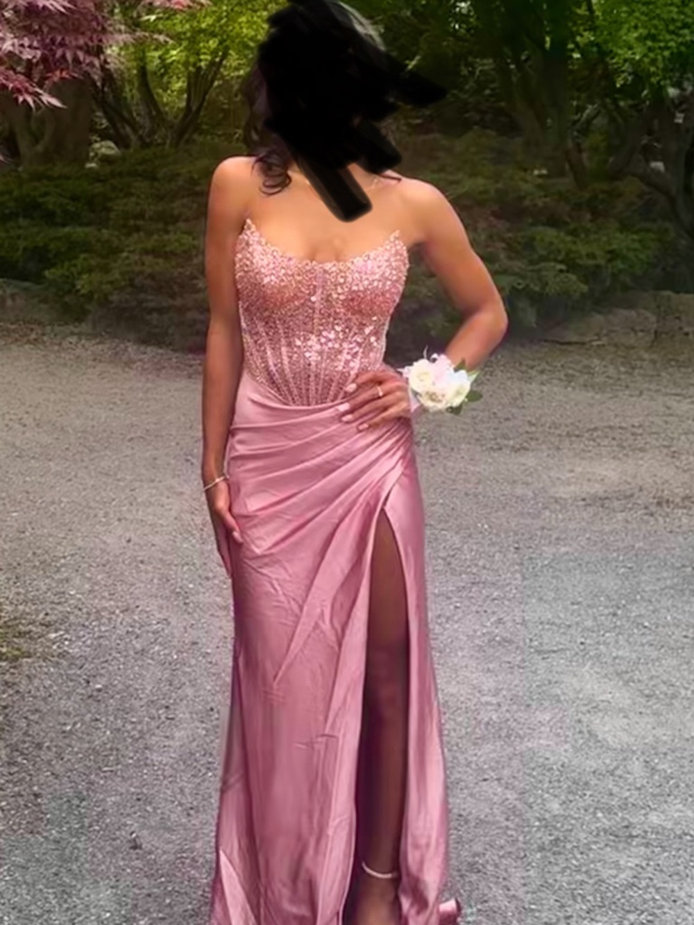 Strapless Beaded Blush Pink Prom Gown with High Slit